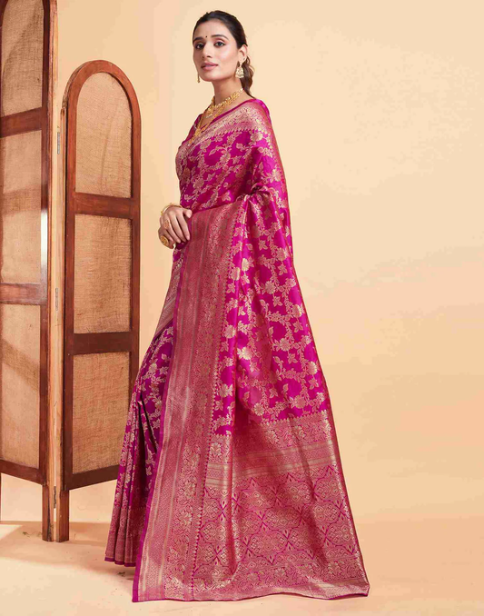 Vibrant Rani Pink Banarasi Silk Saree with Intricate Zari Weave