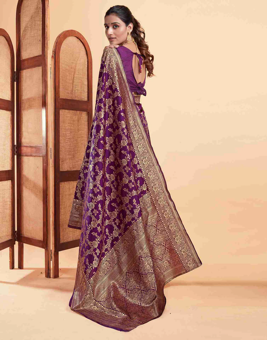 Elegant Wine Banarasi Silk Saree with Intricate Zari Weave