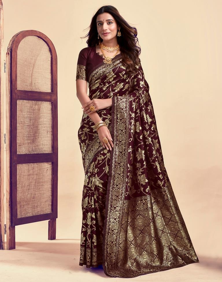 Majestic Maroon Banarasi Silk Saree with Golden Zari Weaving