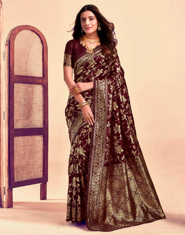 Majestic Maroon Banarasi Silk Saree with Golden Zari Weaving