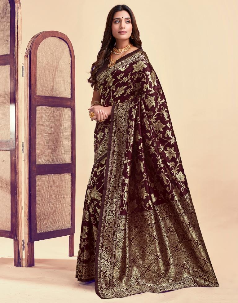 Majestic Maroon Banarasi Silk Saree with Golden Zari Weaving