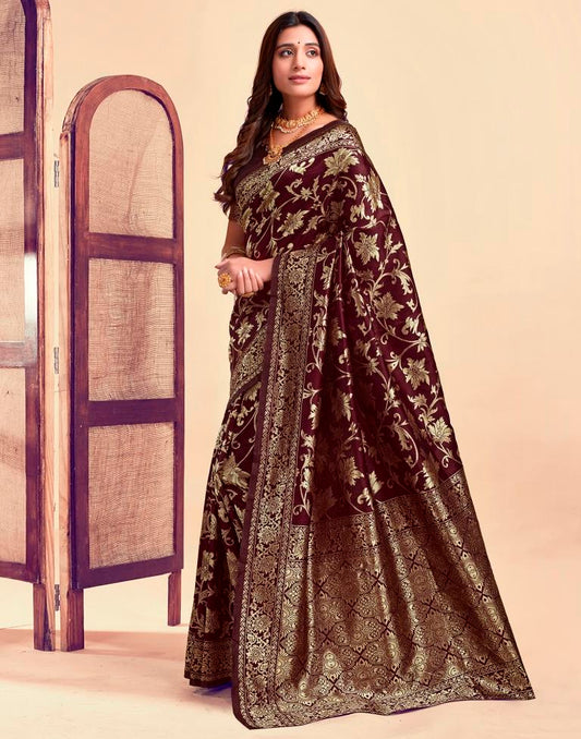 Majestic Maroon Banarasi Silk Saree with Golden Zari Weaving