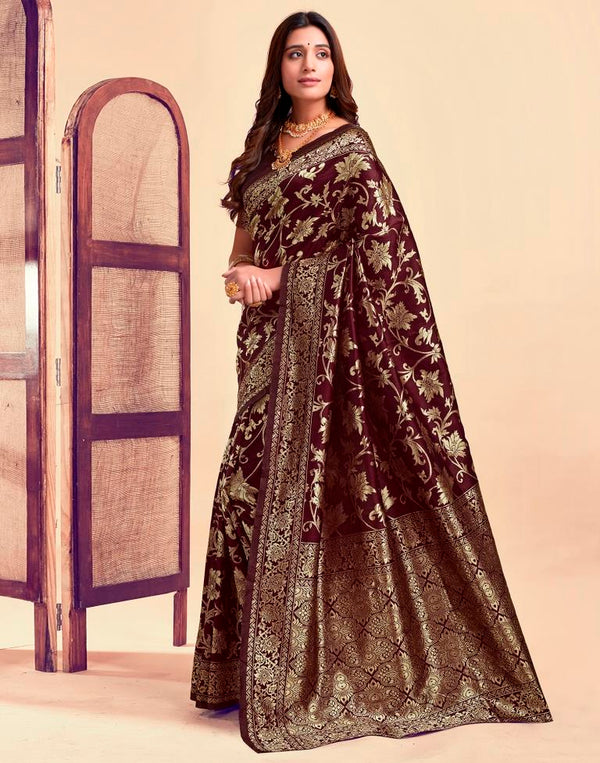 Majestic Maroon Banarasi Silk Saree with Golden Zari Weaving
