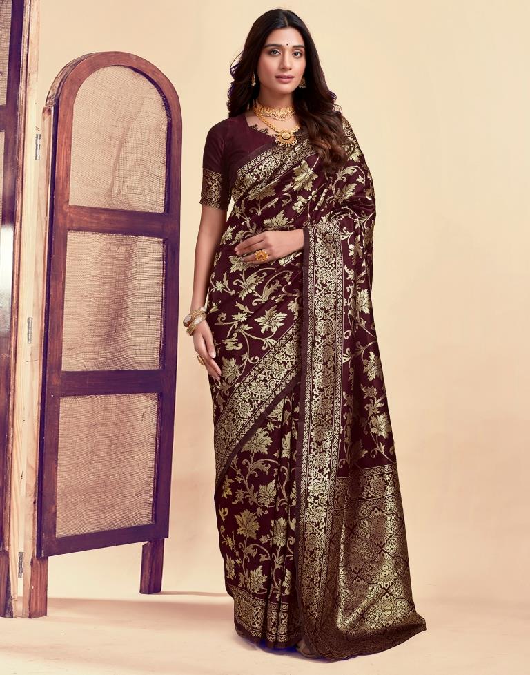 Majestic Maroon Banarasi Silk Saree with Golden Zari Weaving
