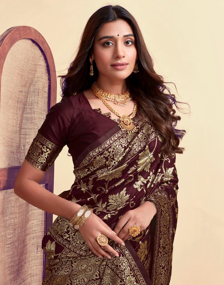 Majestic Maroon Banarasi Silk Saree with Golden Zari Weaving
