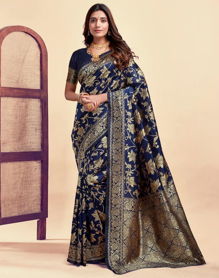 Navy Blue Banarasi Silk Saree with Golden Zari Weaving