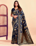 Navy Blue Banarasi Silk Saree with Golden Zari Weaving