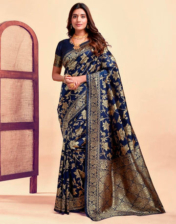 Navy Blue Banarasi Silk Saree with Golden Zari Weaving