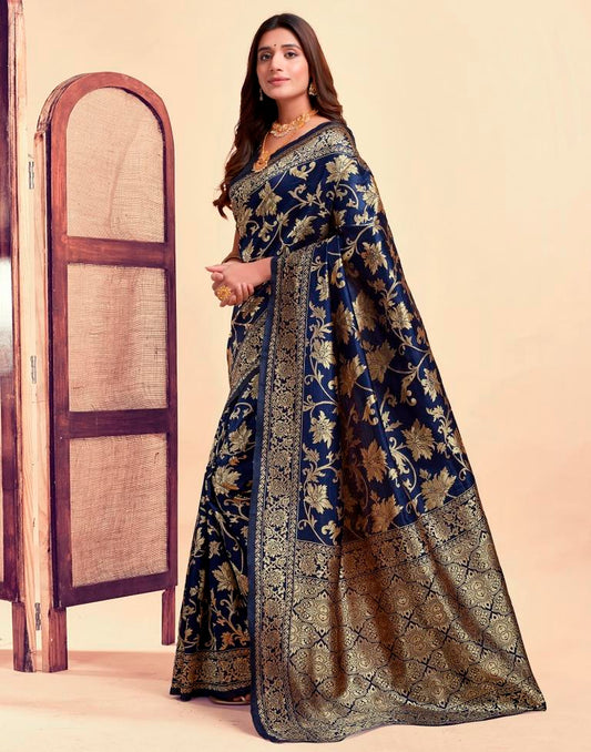 Navy Blue Banarasi Silk Saree with Golden Zari Weaving