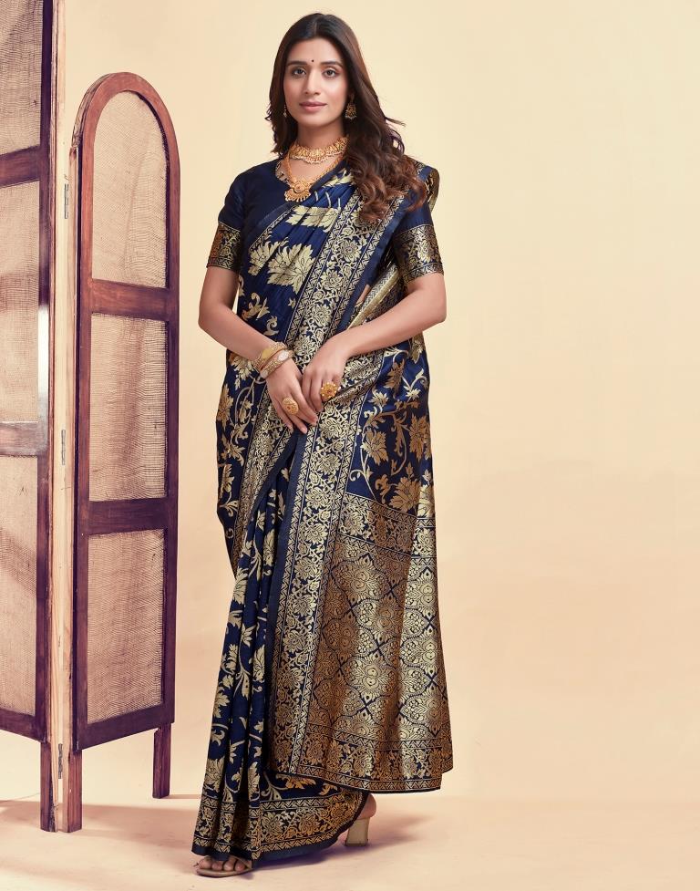 Navy Blue Banarasi Silk Saree with Golden Zari Weaving
