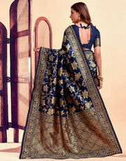 Navy Blue Banarasi Silk Saree with Golden Zari Weaving
