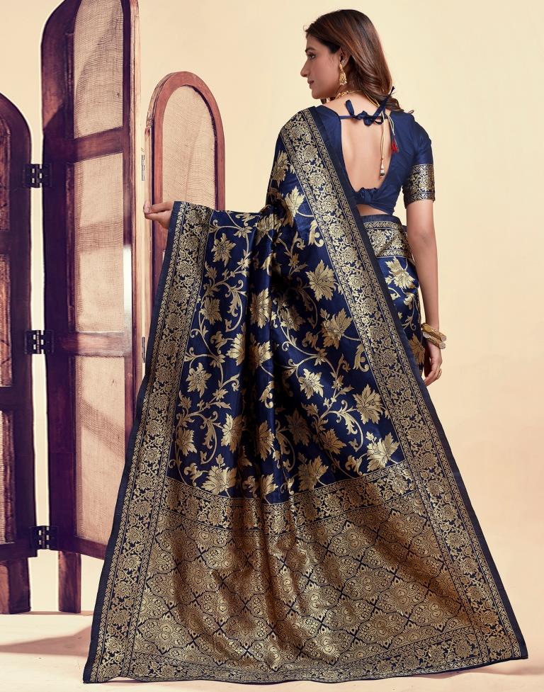 Navy Blue Banarasi Silk Saree with Golden Zari Weaving