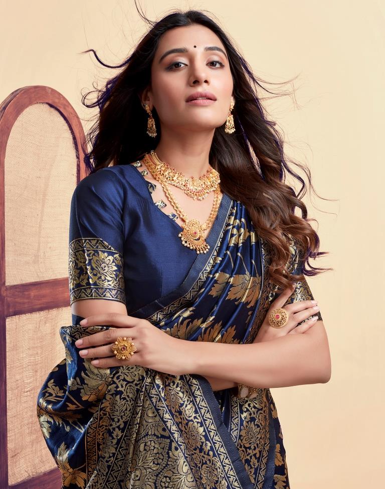 Navy Blue Banarasi Silk Saree with Golden Zari Weaving
