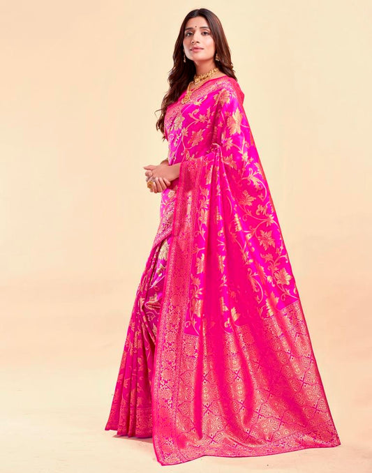 Rani Pink Banarasi Silk Saree with Golden Zari Weaving