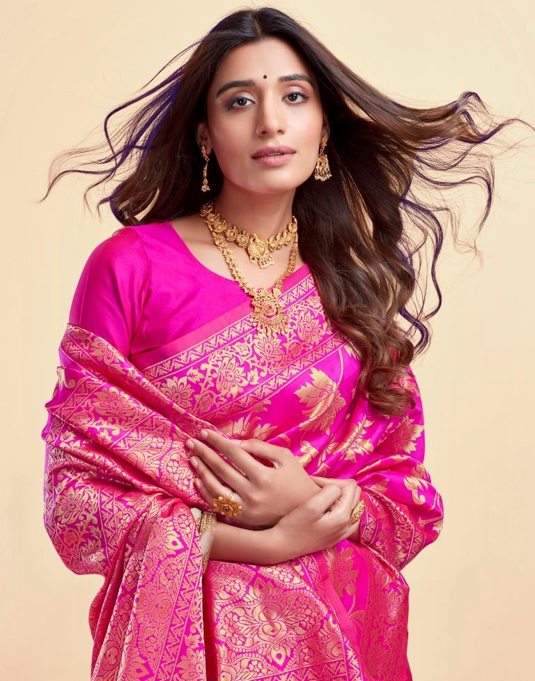 Rani Pink Banarasi Silk Saree with Golden Zari Weaving