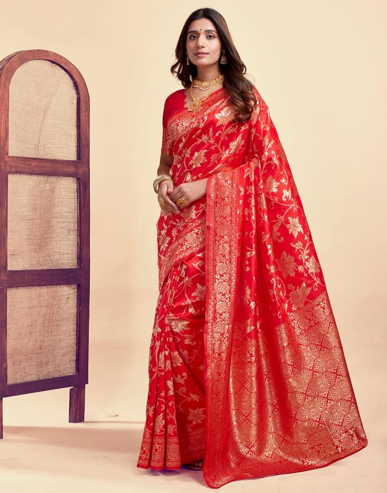 Radiant Red Banarasi Silk Saree with Golden Zari Weaving