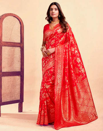 Radiant Red Banarasi Silk Saree with Golden Zari Weaving