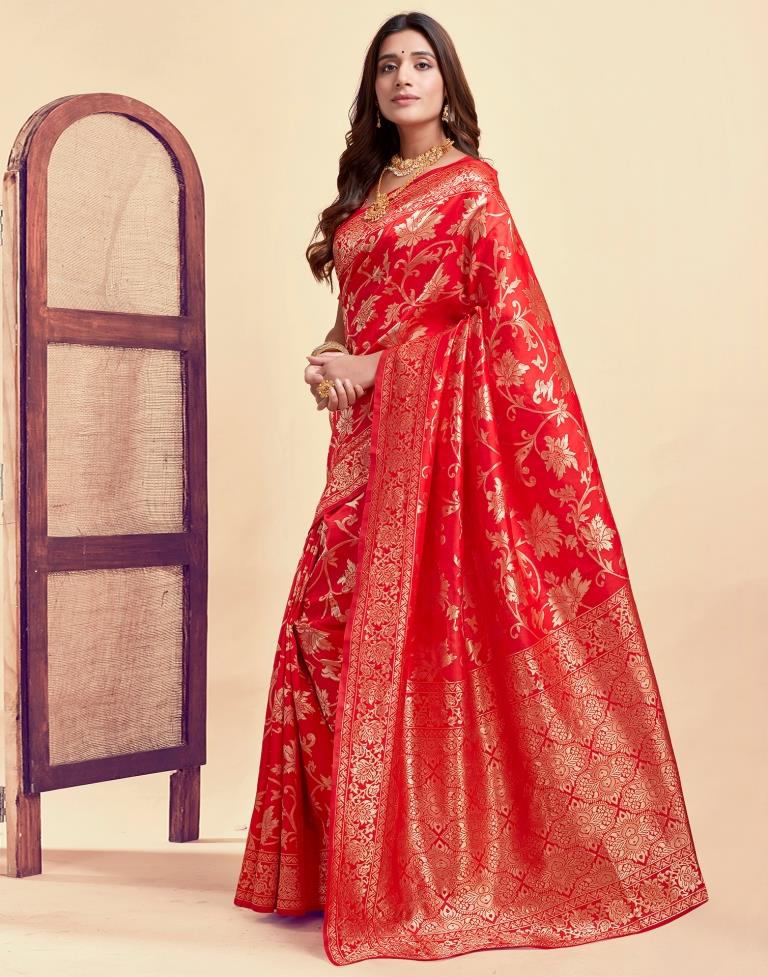 Radiant Red Banarasi Silk Saree with Golden Zari Weaving