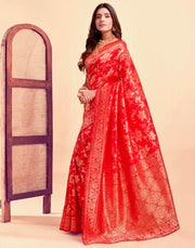 Radiant Red Banarasi Silk Saree with Golden Zari Weaving