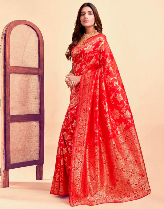 Radiant Red Banarasi Silk Saree with Golden Zari Weaving