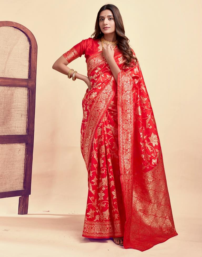 Radiant Red Banarasi Silk Saree with Golden Zari Weaving