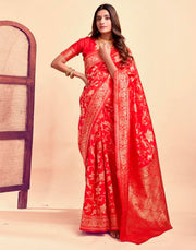 Radiant Red Banarasi Silk Saree with Golden Zari Weaving