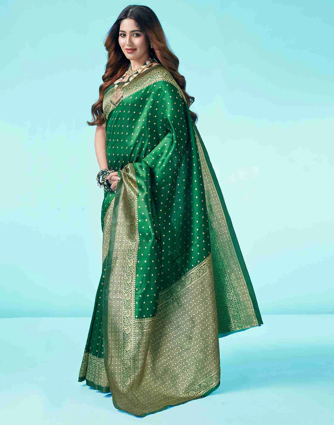 Bottle Green Banarasi Silk Saree with Zari Buttas and Broad Border