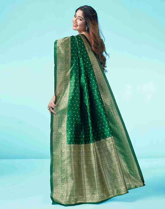 Bottle Green Banarasi Silk Saree with Zari Buttas and Broad Border