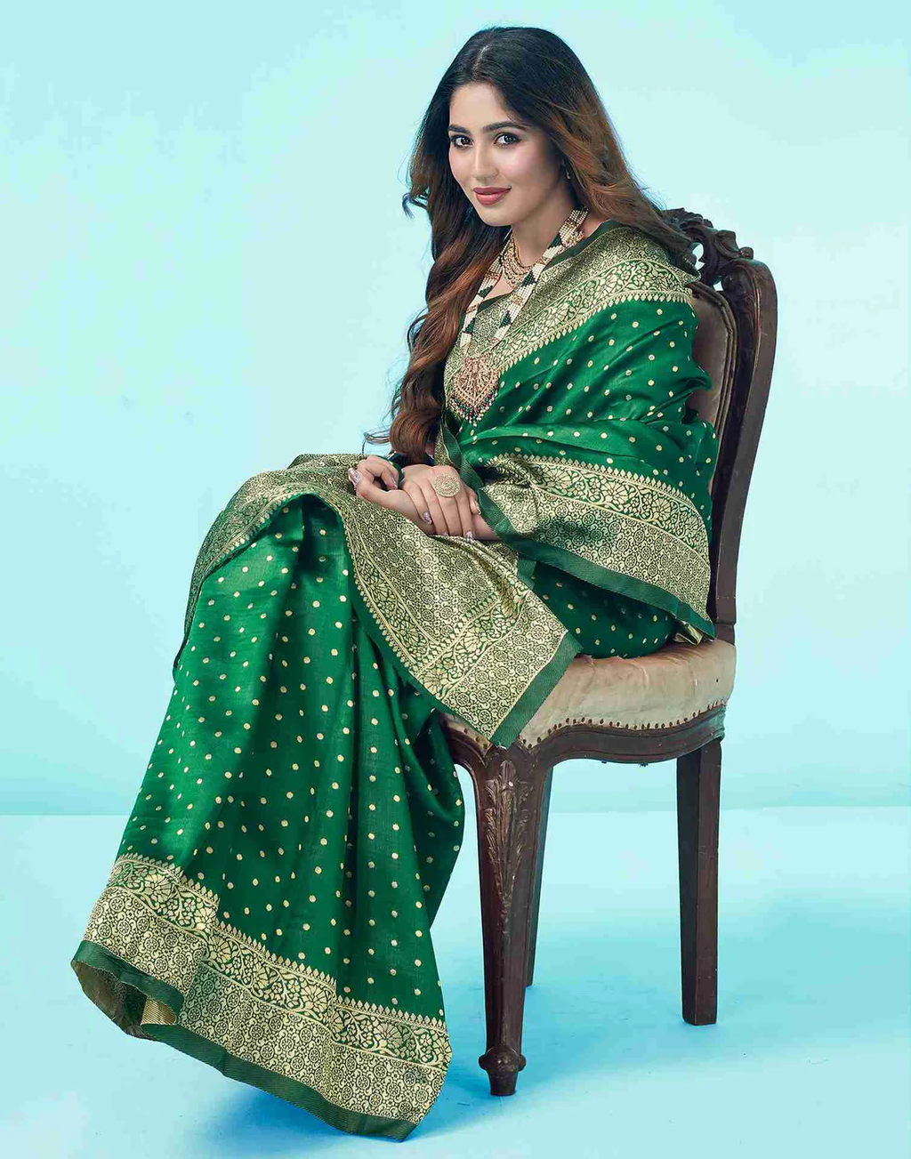 Bottle Green Banarasi Silk Saree with Zari Buttas and Broad Border