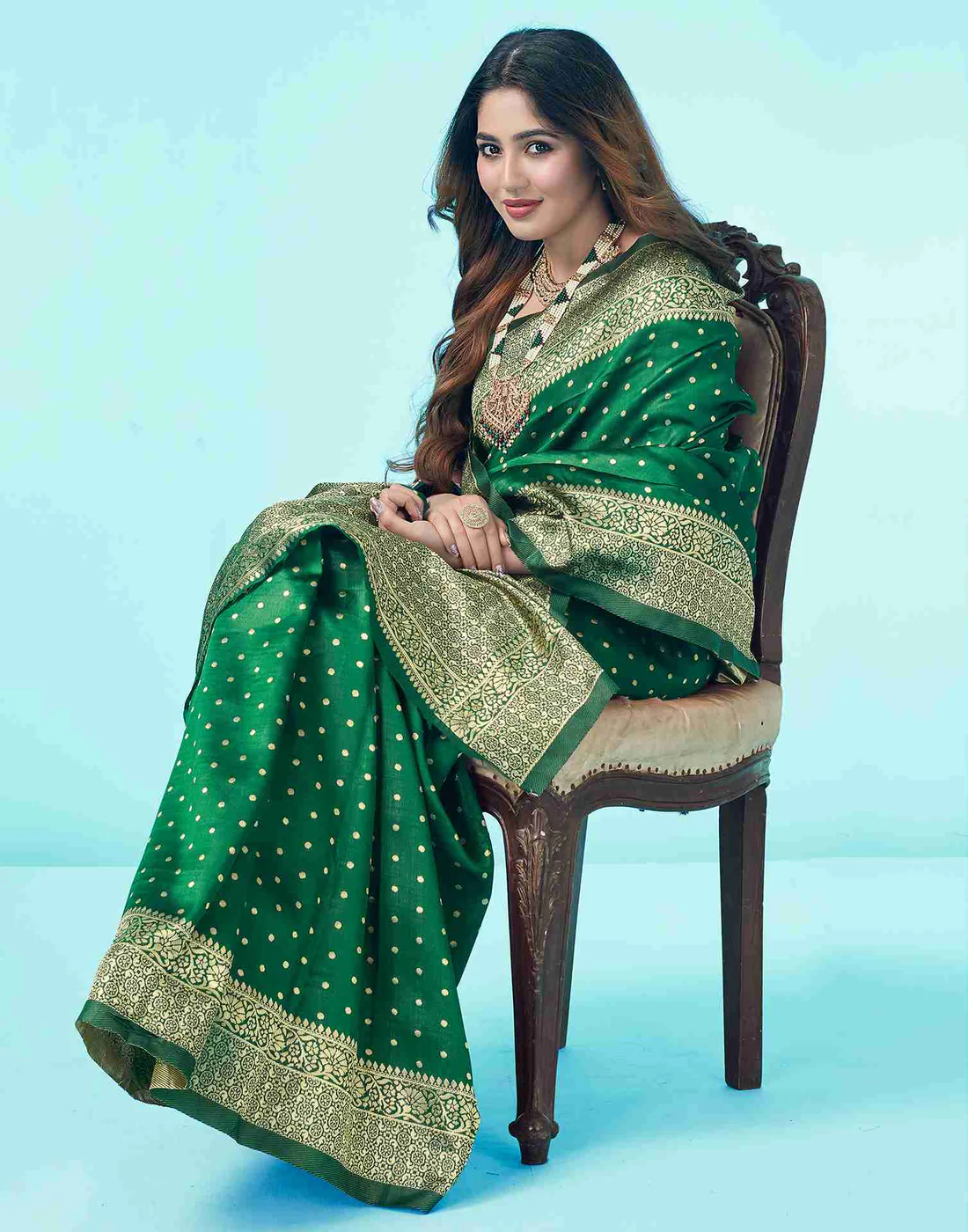 Bottle Green Banarasi Silk Saree with Zari Buttas and Broad Border