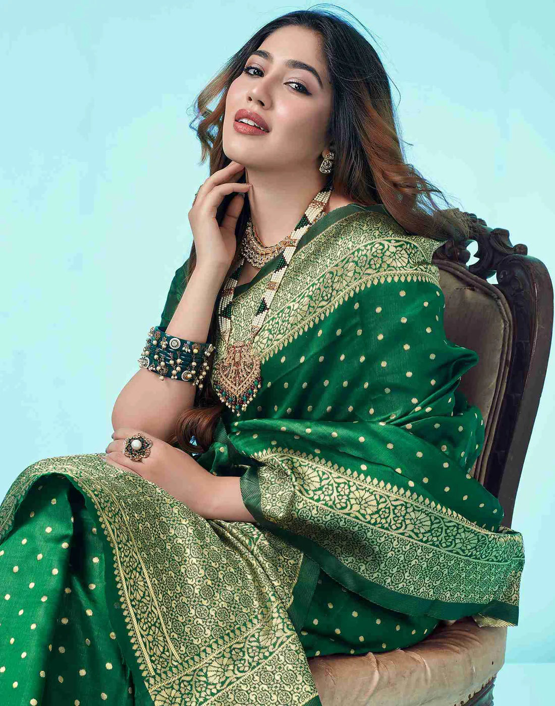 Bottle Green Banarasi Silk Saree with Zari Buttas and Broad Border