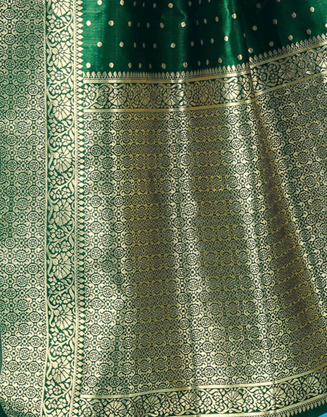 Bottle Green Banarasi Silk Saree with Zari Buttas and Broad Border