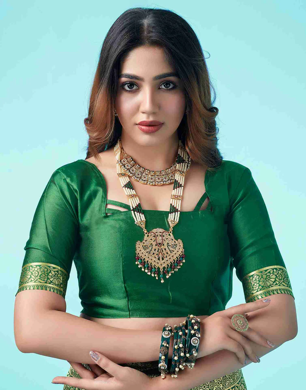 Bottle Green Banarasi Silk Saree with Zari Buttas and Broad Border