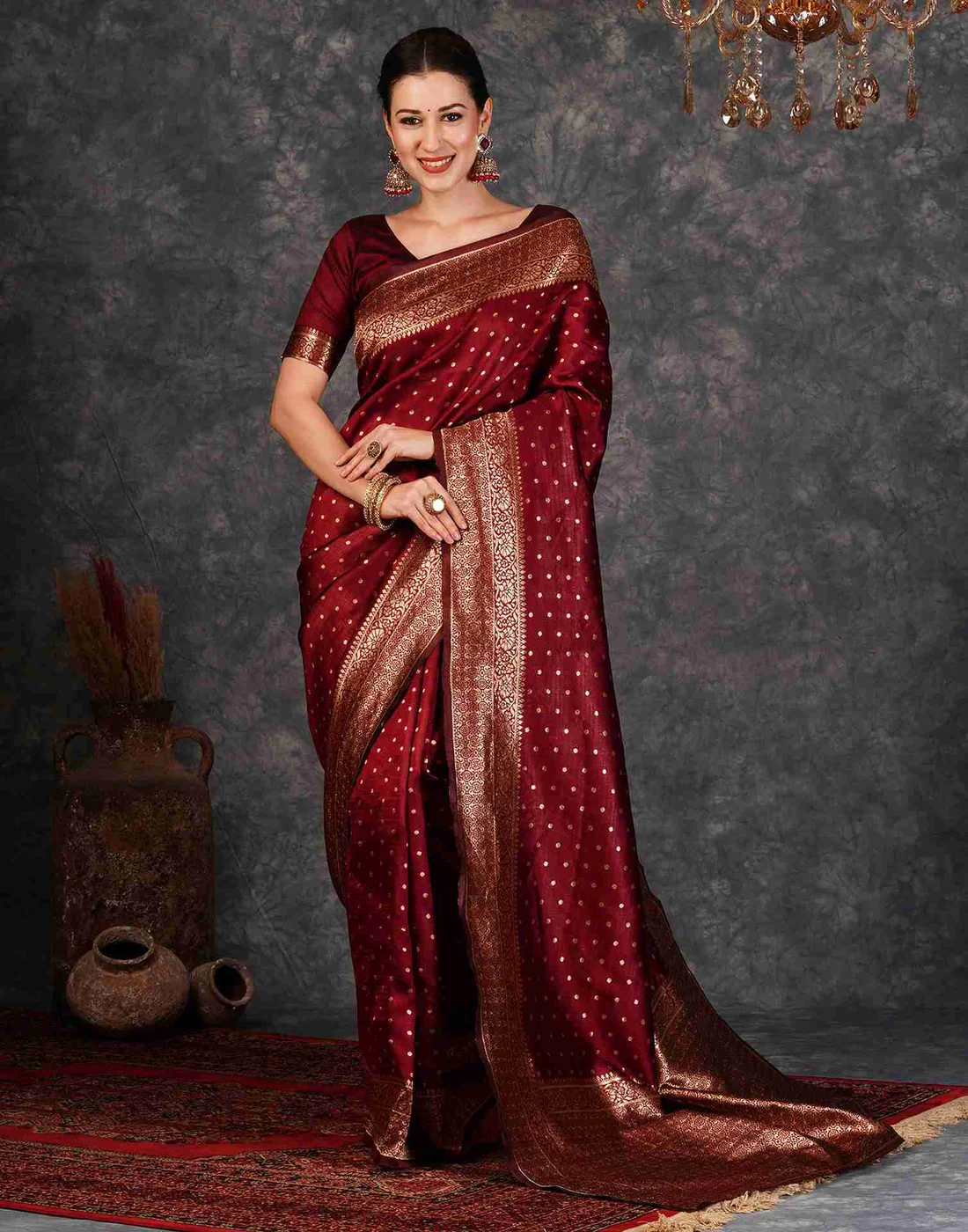 Regal Maroon Banarasi Silk Saree with Golden Zari Buttas
