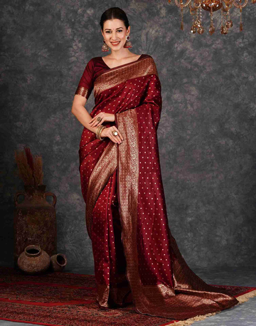 Regal Maroon Banarasi Silk Saree with Golden Zari Buttas