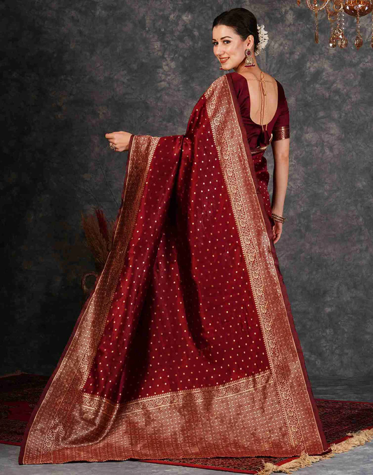Regal Maroon Banarasi Silk Saree with Golden Zari Buttas