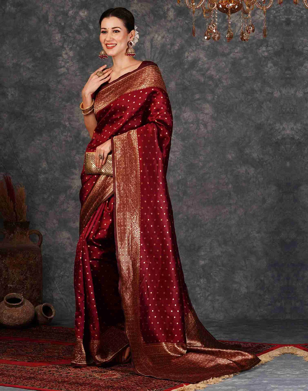 Regal Maroon Banarasi Silk Saree with Golden Zari Buttas