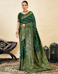 Elegant Bottle Green Banarasi Silk Saree with Luxurious Golden Zari Weaving