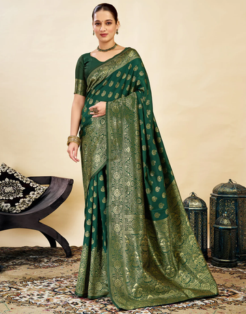 Elegant Bottle Green Banarasi Silk Saree with Luxurious Golden Zari Weaving