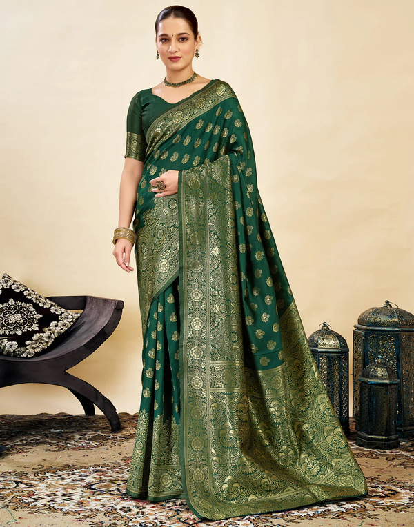 Elegant Bottle Green Banarasi Silk Saree with Luxurious Golden Zari Weaving
