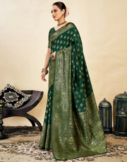 Elegant Bottle Green Banarasi Silk Saree with Luxurious Golden Zari Weaving