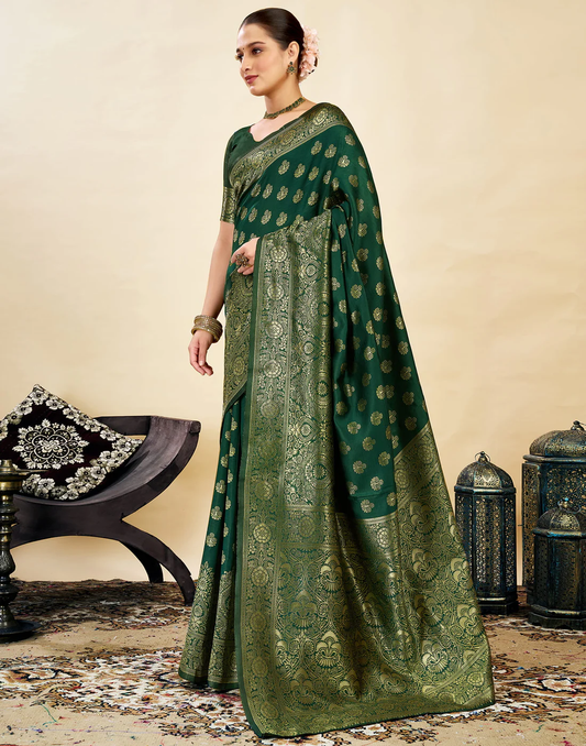 Elegant Bottle Green Banarasi Silk Saree with Luxurious Golden Zari Weaving