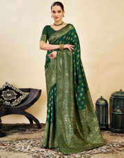Elegant Bottle Green Banarasi Silk Saree with Luxurious Golden Zari Weaving
