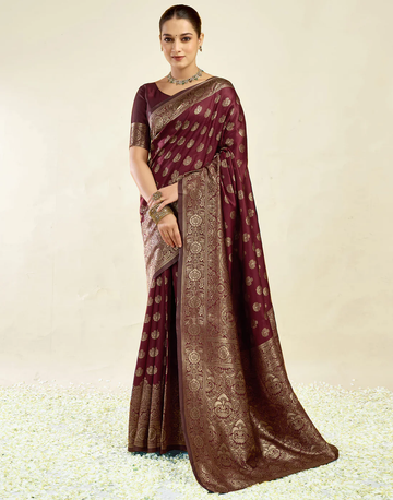 Regal Maroon Banarasi Silk Saree with Grand Golden Zari Weaving