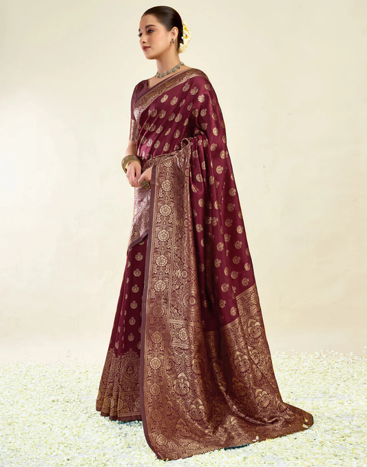 Regal Maroon Banarasi Silk Saree with Grand Golden Zari Weaving