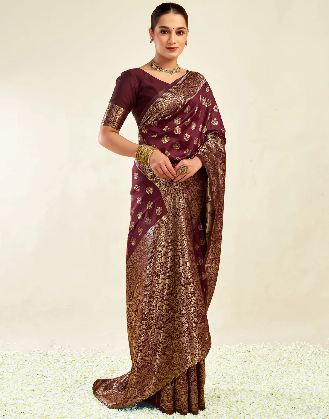 Regal Maroon Banarasi Silk Saree with Grand Golden Zari Weaving