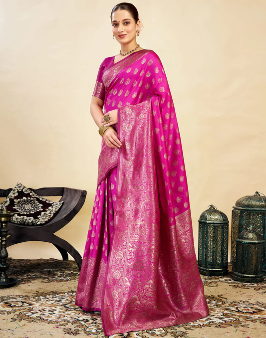 Vibrant Rani Pink Banarasi Silk Saree with Luxurious Zari Weaving