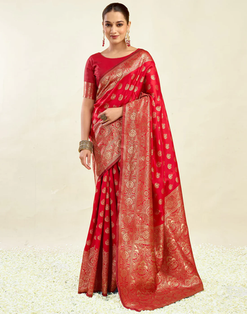 Regal Red Banarasi Silk Saree with Grand Golden Zari Weaving