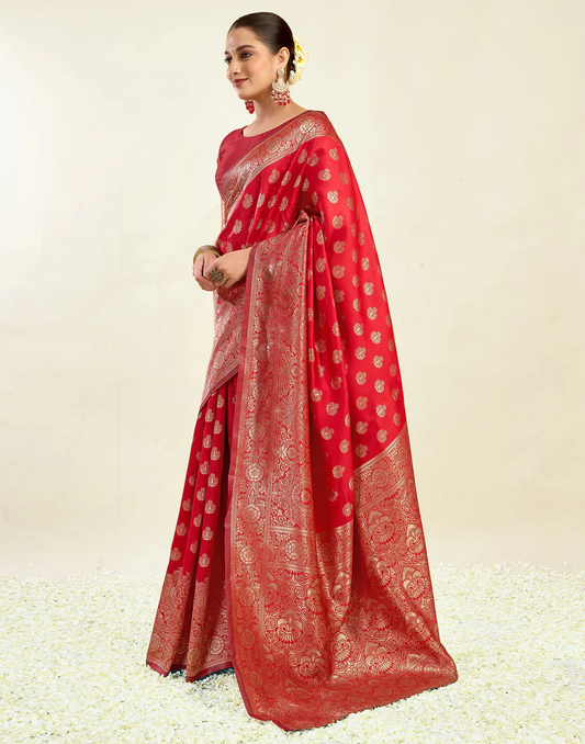 Regal Red Banarasi Silk Saree with Grand Golden Zari Weaving