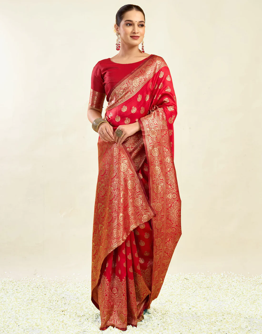Regal Red Banarasi Silk Saree with Grand Golden Zari Weaving
